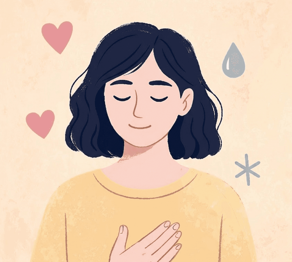 Pessoa em momento de autocuidado, respirando com serenidade